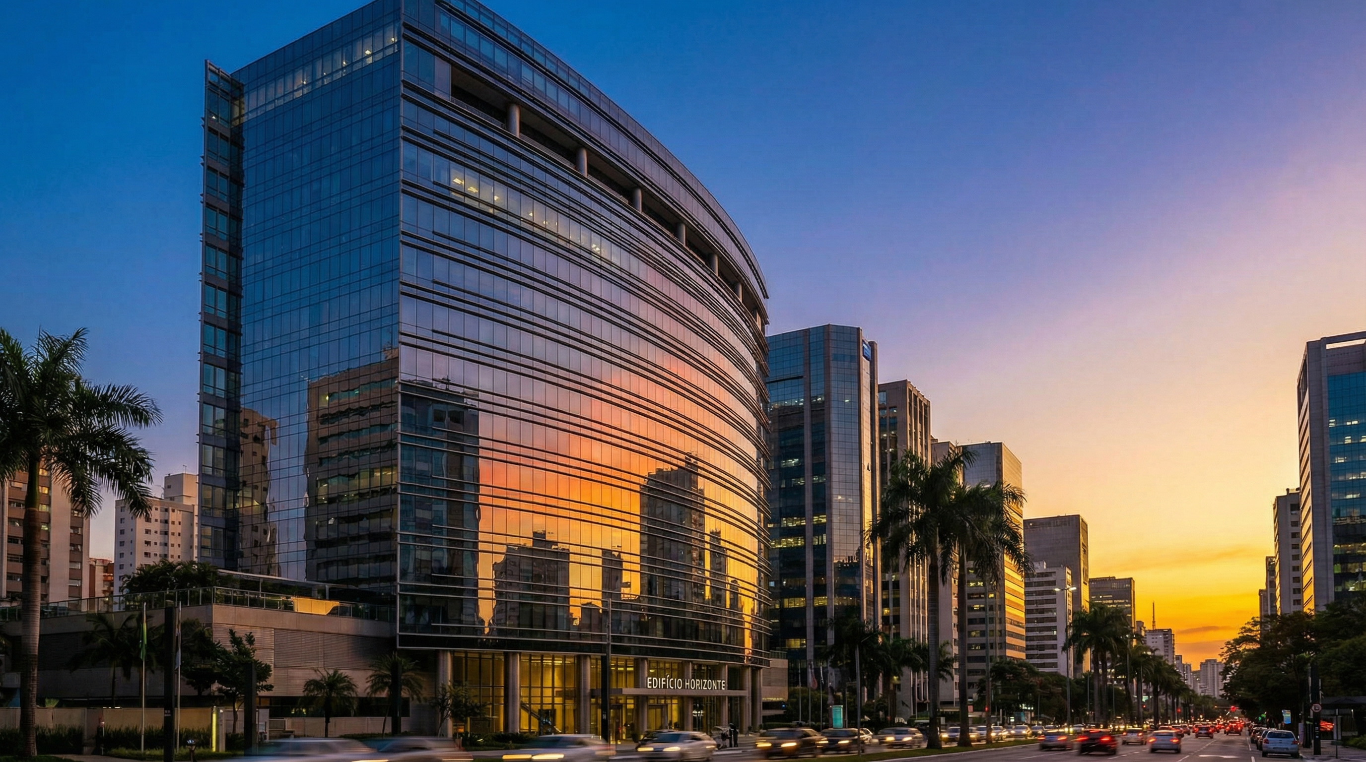 Edifício corporativo moderno com fachada de vidro representando ambiente empresarial profissional